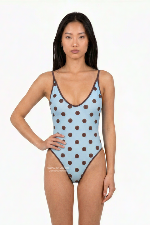 Vintage Chocolate Blue Polka Dot Swimwear