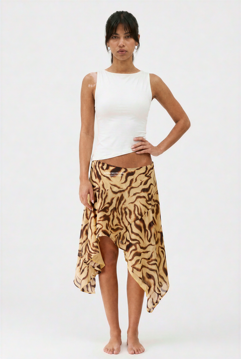 Tiger Print Asymmetric Ruffle Skirt
