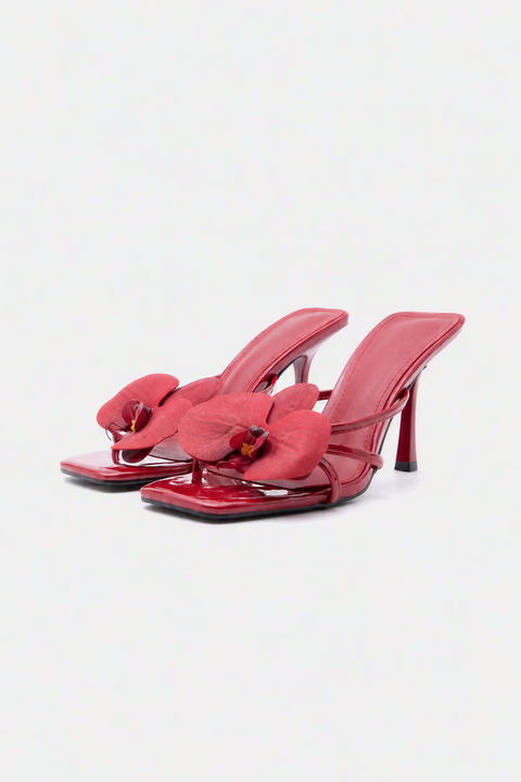 Red Patent Orchid Embellished Stiletto Sandals