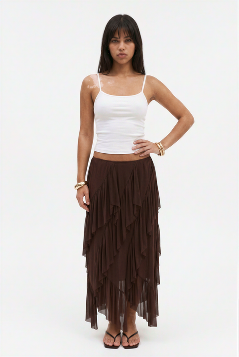 Asymmetrical Cascading Ruffle Long Skirt