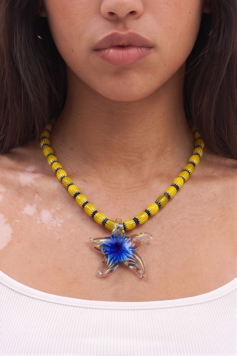 Boho-Chic Yellow Bead & Blue Starfish Necklace
