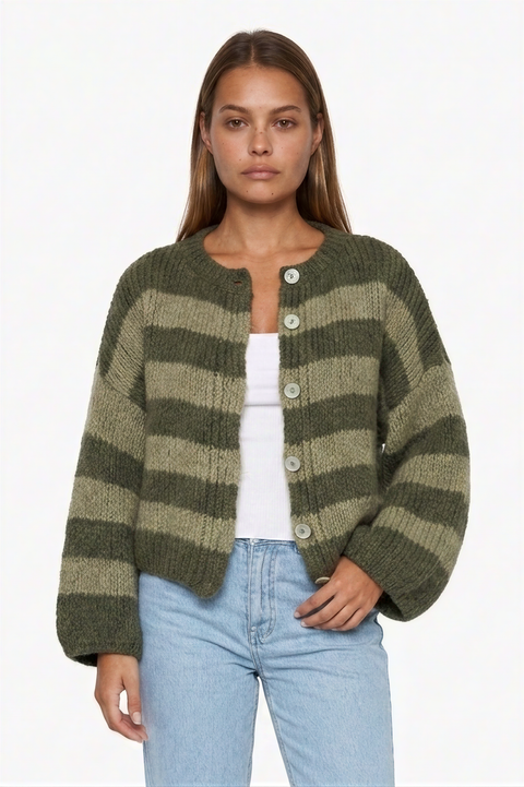 Chunky Two-Tone Striped Knit Cardigan