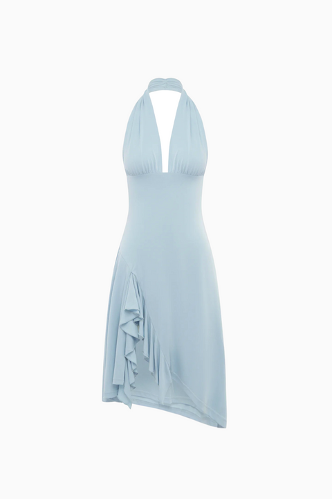 Light Blue Ruffled Halter Midi Dress