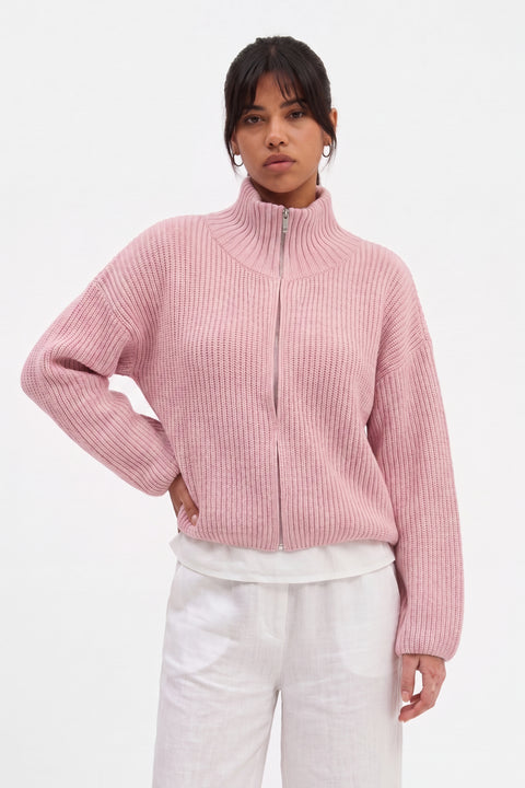 Ribbed Knit Full-Zip High-Neck Cardigan