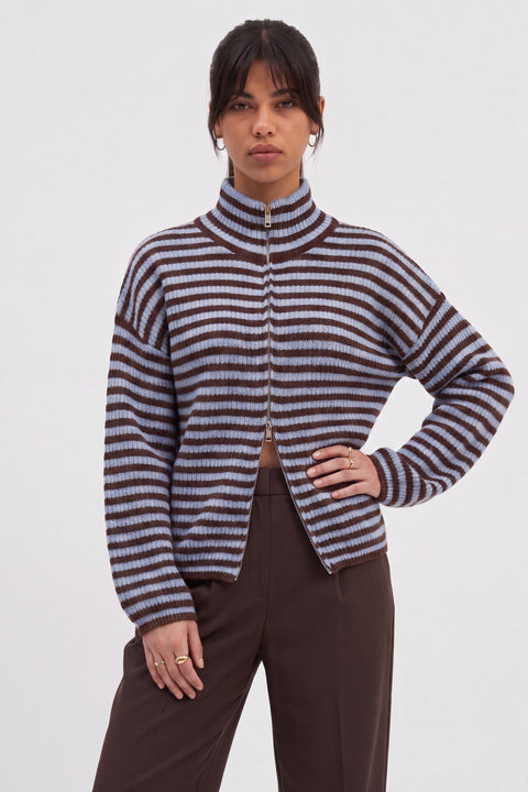 Ribbed Knit Full-Zip High-Neck Cardigan