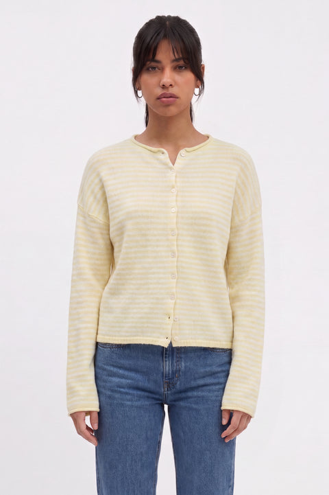 Striped Knit Button-Front Crewneck Cardigan