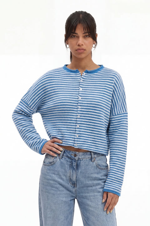 Blue Striped Knit Button-Front Cardigan