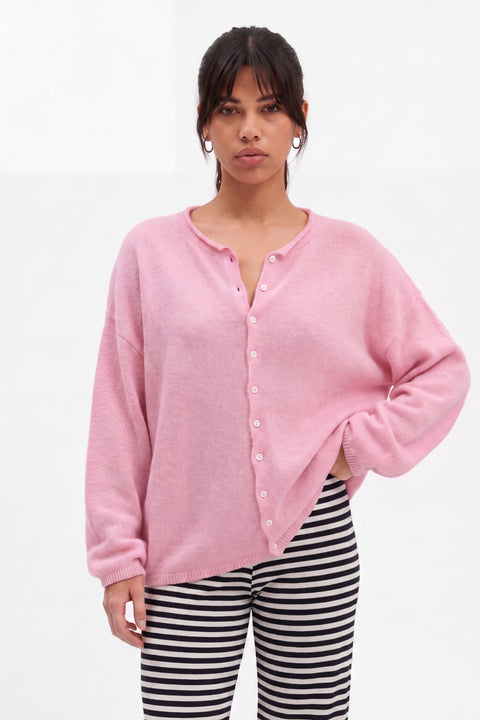 Soft Pink Button-Up Knit Cardigan
