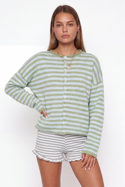 Cozy Striped Cashmere-Blend Cardigan Pink & Grey