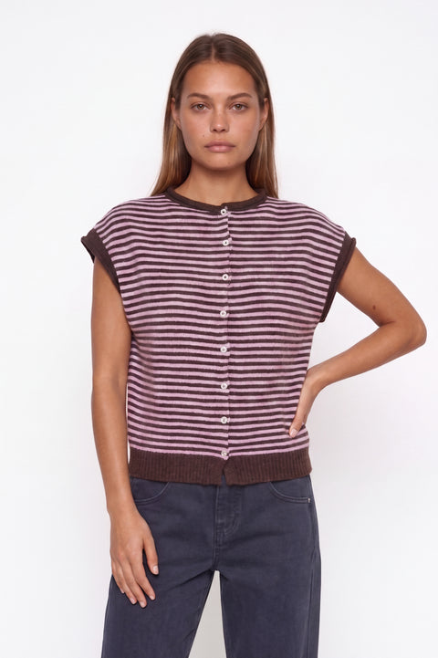 Striped Cashmere-Blend Sleeveless Cardigan - Mauve & Dark Brown
