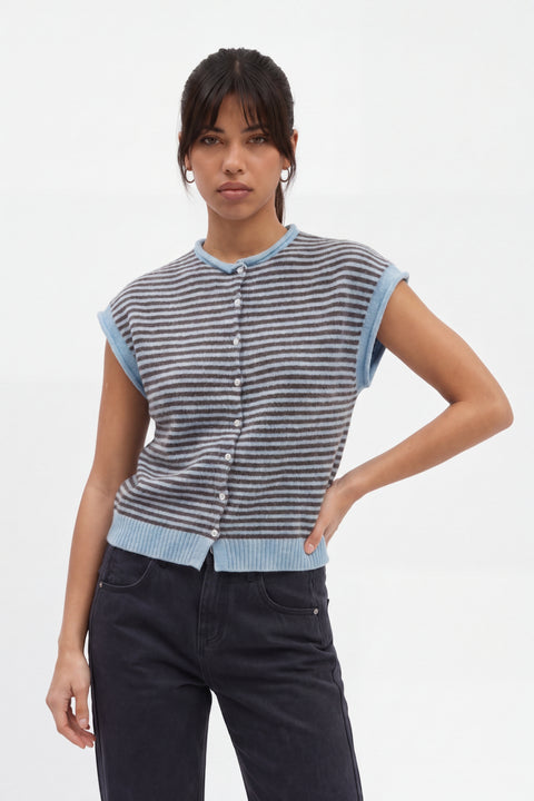 Striped Cashmere-Blend Sleeveless Cardigan - Mauve & Dark Brown