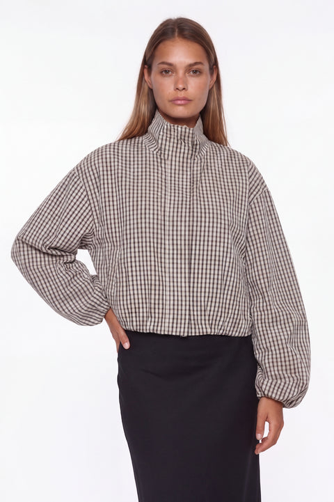 Gingham Check High-Neck Zip Jacket