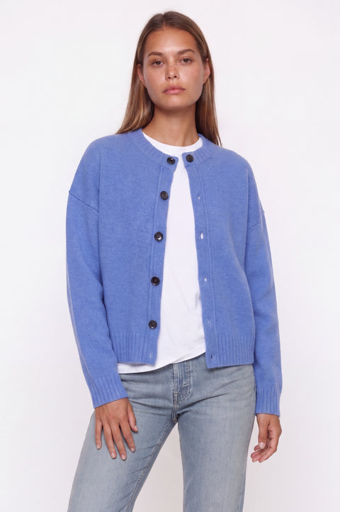 Blue Crew Neck Button-Up Knit Cardigan
