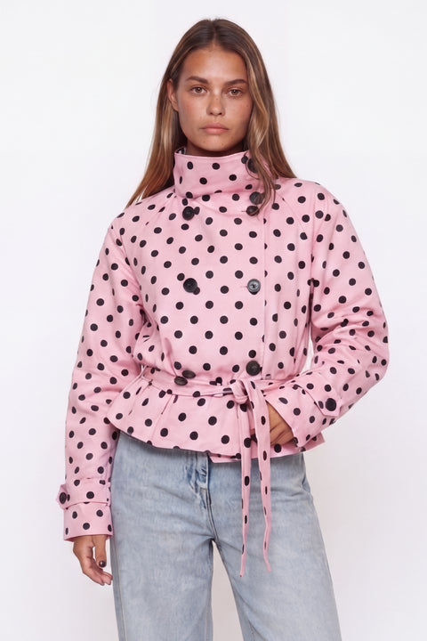Pink Polka Dot Belted Crop Trench Jacket
