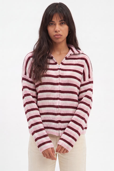 Ribbed Knit Full-Zip High-Neck Cardigan