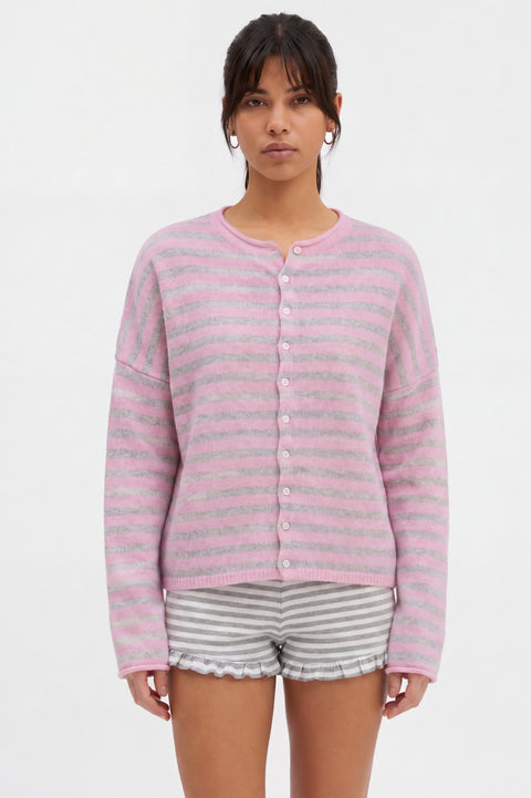 Cozy Striped Cashmere-Blend Cardigan Pink & Grey