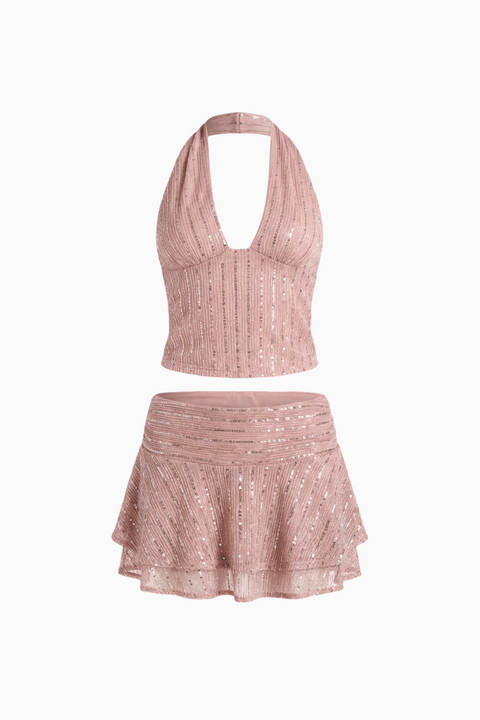 Blush Ruched Halter & Skirt Set