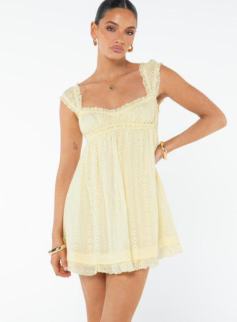 Pale Yellow Eyelet Ruffle Strap Babydoll Mini Dress