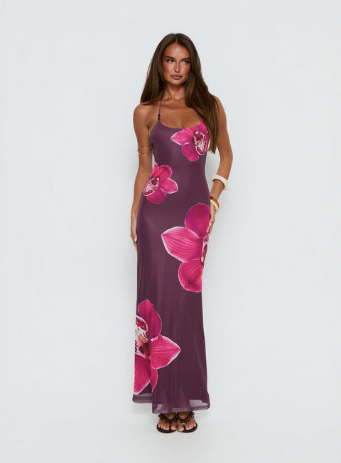 Plum Orchid Beaded Halter Maxi Dress