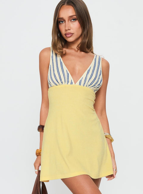 Striped & Yellow Patchwork Deep V-Neck Mini Dress