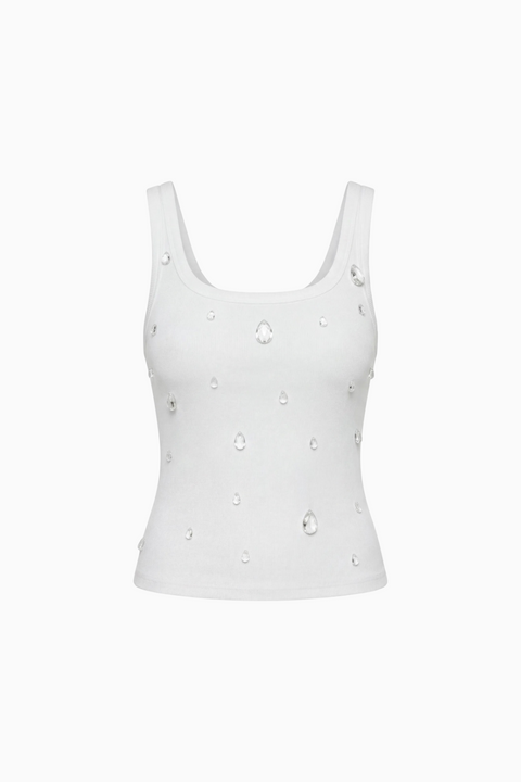 White Teardrop Crystal Embellished Ribbed Tank Top