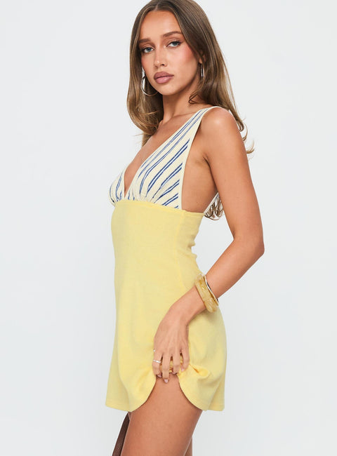 Striped & Yellow Patchwork Deep V-Neck Mini Dress