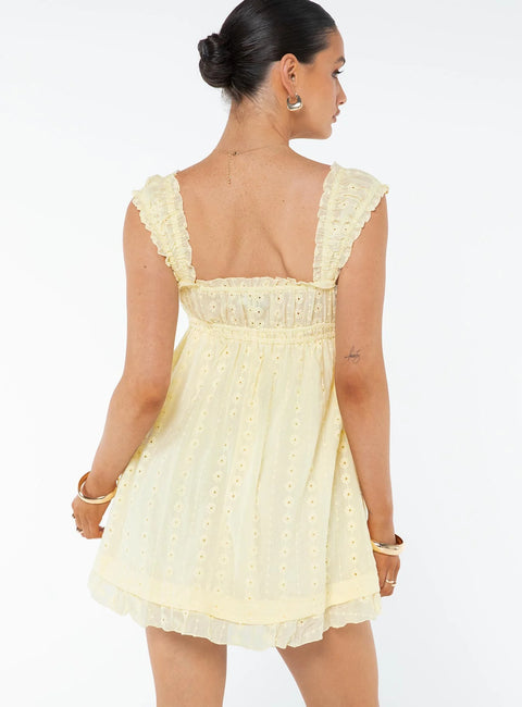 Pale Yellow Eyelet Ruffle Strap Babydoll Mini Dress