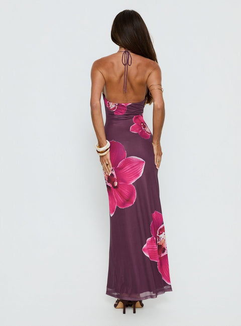 Plum Orchid Beaded Halter Maxi Dress