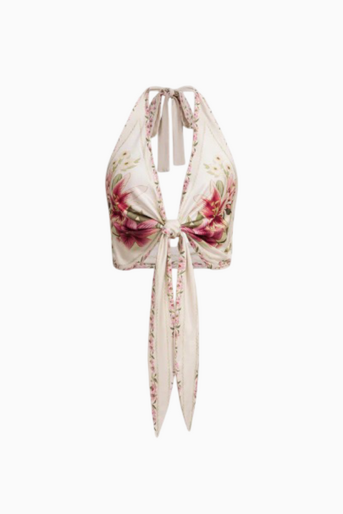 Cream Botanical Front-Knot Halter Top