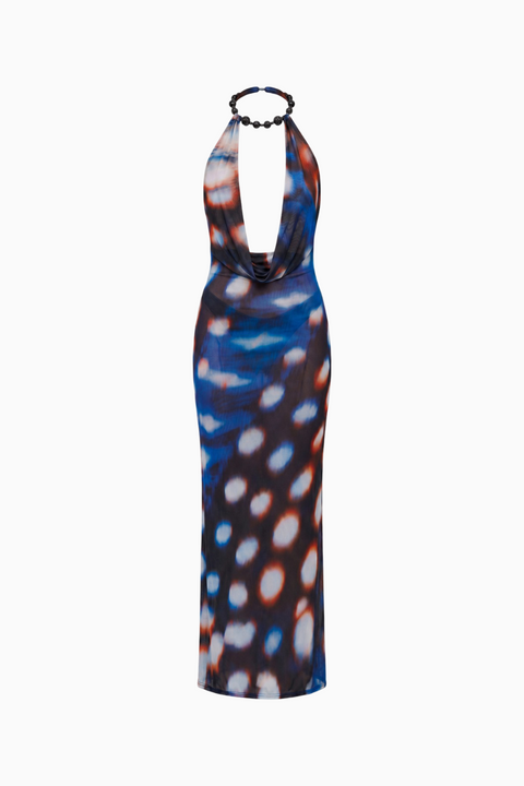 Abstract Bokeh Mesh Halter Maxi Dress