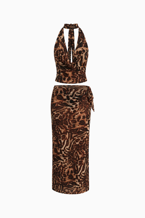 Leopard Print Sheer Mesh Halter Two-Piece Set