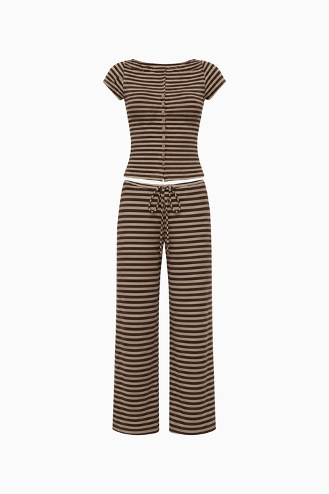 Brown Striped Button-Front Top and Wide-Leg Pants Set