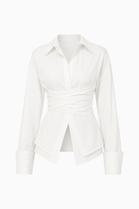 Wrap-Front White Button-Down Shirt with Extended Cuffs