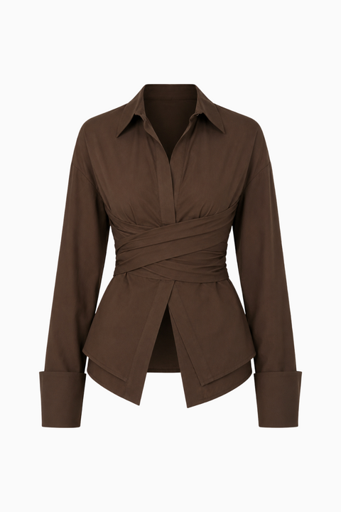Wrap-Front White Button-Down Shirt with Extended Cuffs