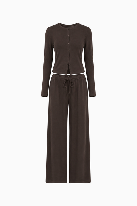 Ribbed Button-Front Cardigan and Wide-Leg Lounge Pants Set