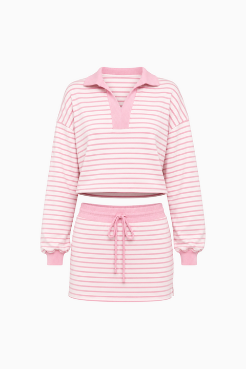 Striped Polo Sweatshirt and Mini Skirt Set