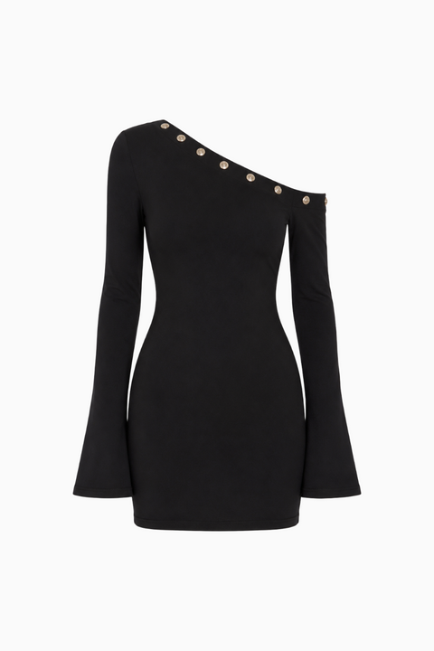 Sleek One-Shoulder Black Bodycon Dress with Bell Sleeves