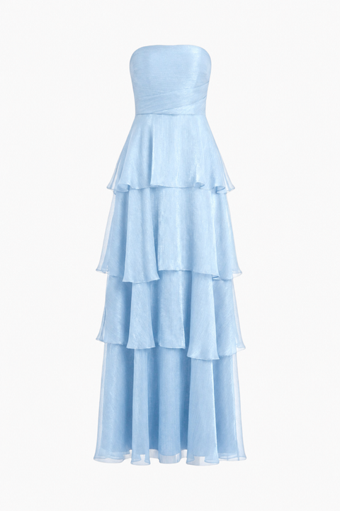 Navy Tiered Ruffle Strapless Maxi Dress