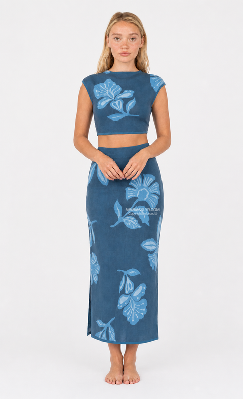 Blue Floral Crop & Skirt Set