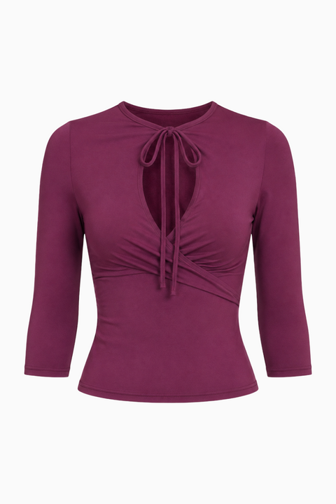 Berry Plum Keyhole Tie-Front Top with Three-Quarter Sleeves