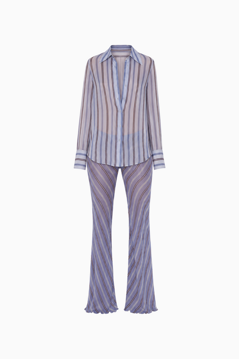 Two-Piece Striped Sheer Shirt and Wide-Leg Pants Outfit