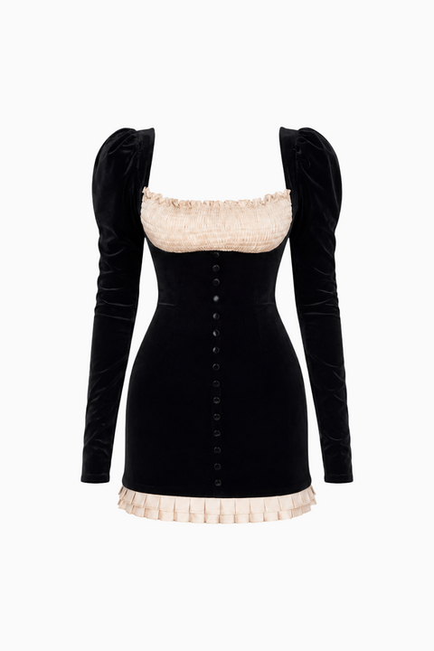 Black Velvet Contrast Ruffle Mini Dress