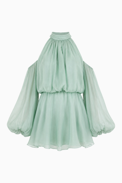 Sage Green Cold-Shoulder Halter Mini Dress