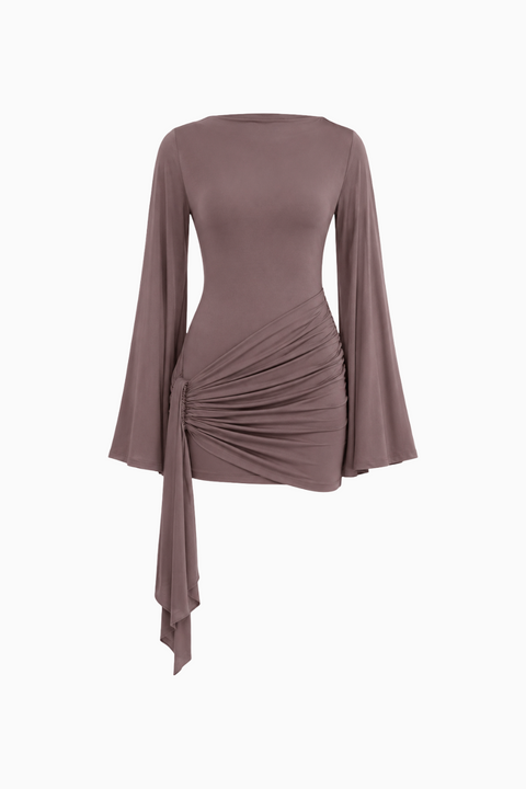 Taupe Draped Tie-Side Bell Sleeve Mini Dress