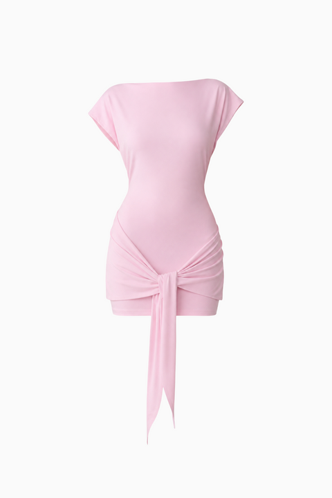 Light Pink Front-Tie Short Sleeve Mini Dress