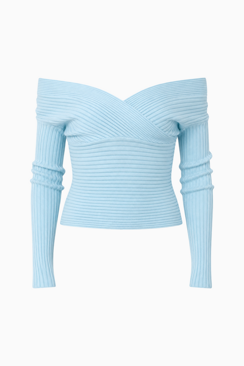 Light Blue Off-The-Shoulder Ribbed Knit Top