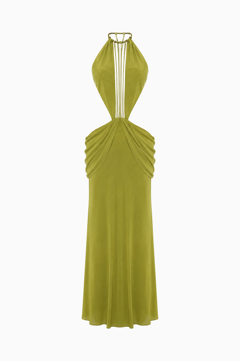 Olive-Green Cut-Out Halter Maxi Dress