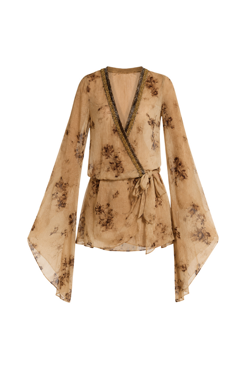 Beaded Floral Print Wrap Beach Dress