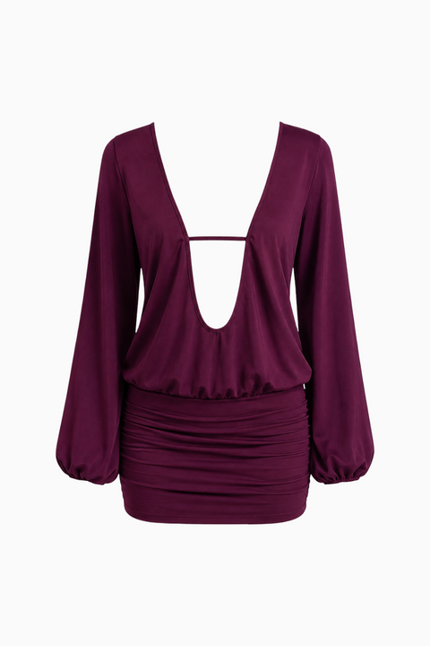 Deep V-Neck Ruched Long Sleeve Mini Dress