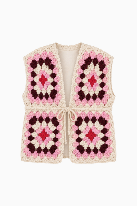 Boho Granny Square Crochet Tie-Front Vest